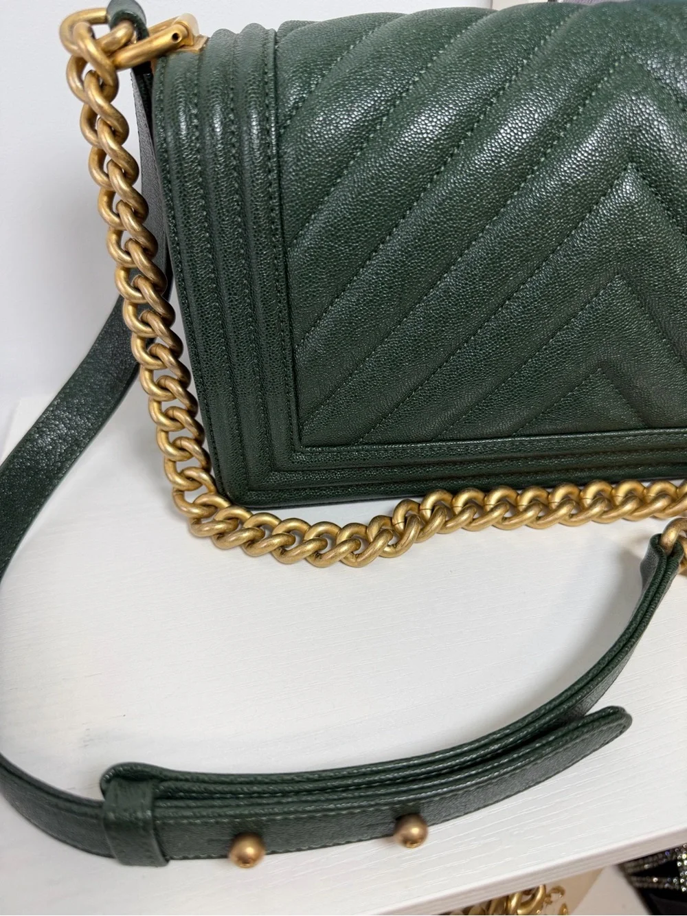 CHANEL Forest Green Chevron Boy Shoulder Bag with Gold Hardware